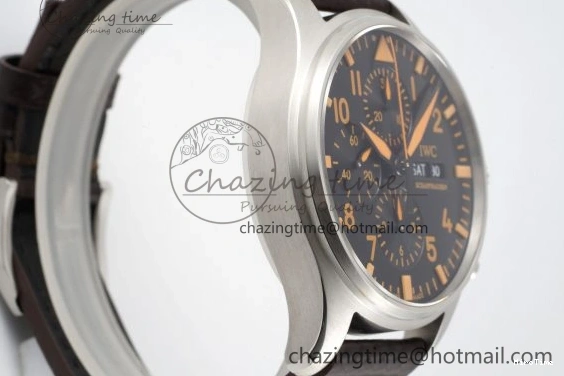 MIROTIME 0118 Pilot Chrono SS AZF 1:1 Best Edition Black Dial Orange Markers on Brown Leather Strap A EasyCare 7065